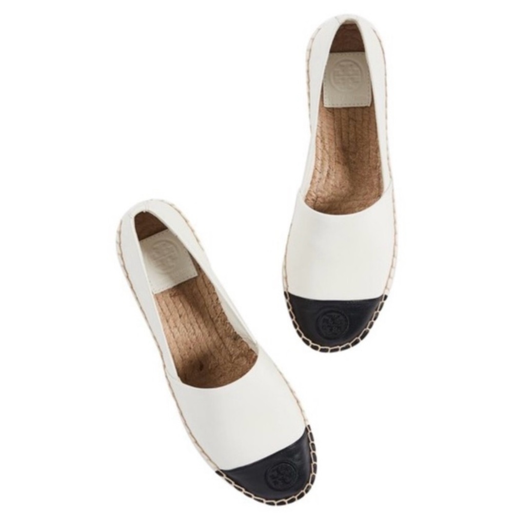 TORY BURCH Colorblock Espadrilles Leather Ivory Logo Black Sandals Size 7.5